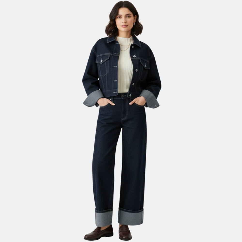 Briss | Damen Denim-Set – Dunkle Weite-Jeans und kurze Jeansjacke