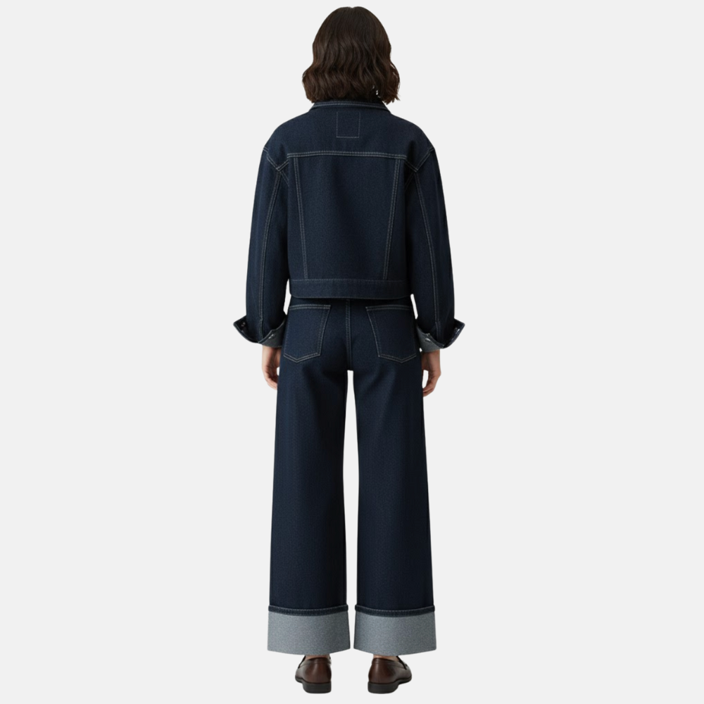 Briss | Damen Denim-Set – Dunkle Weite-Jeans und kurze Jeansjacke