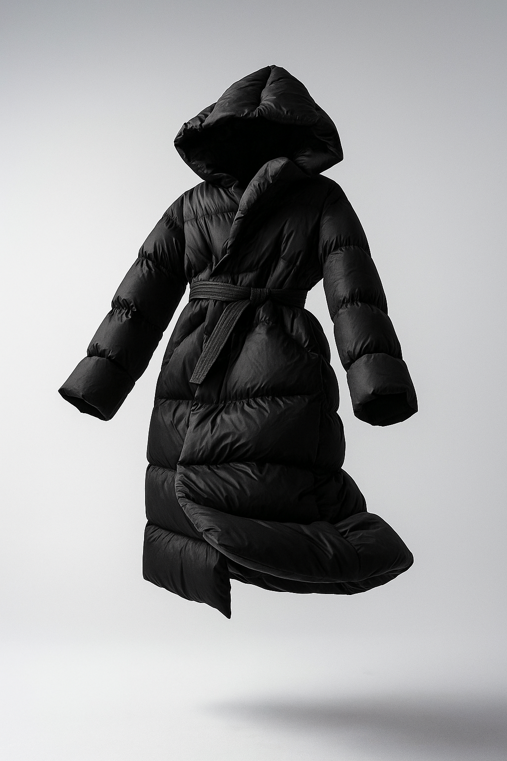 Briss | Langer Damen-Wintermantel – Daunenstil mit Kapuze und Gürtel