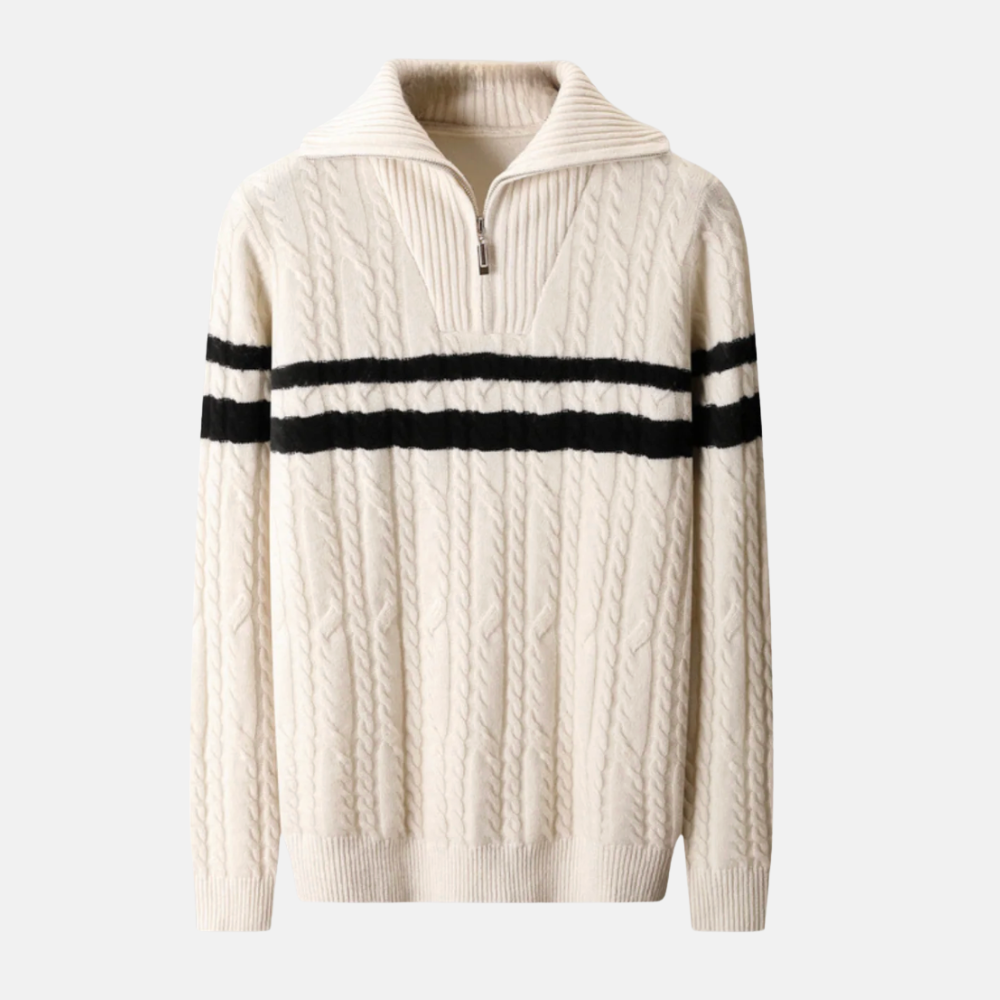 Briss | Herren-Strickpullover mit halbem Reißverschluss und Zopfmuster aus Wollmischung