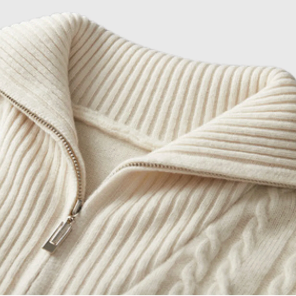 Briss | Herren-Strickpullover mit halbem Reißverschluss und Zopfmuster aus Wollmischung