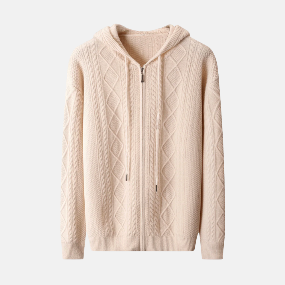 Briss | Herren Strickjacke mit Kapuze und Reißverschluss – Zopfmuster aus Wollmischung