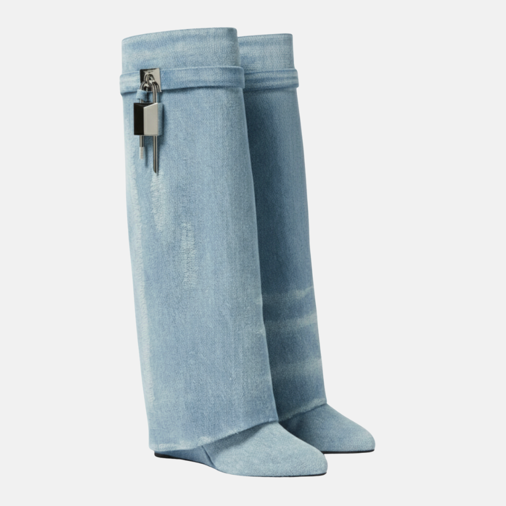 Briss | Hohe Damenstiefel – Stiefel mit Keilabsatz und Schloss-Detail