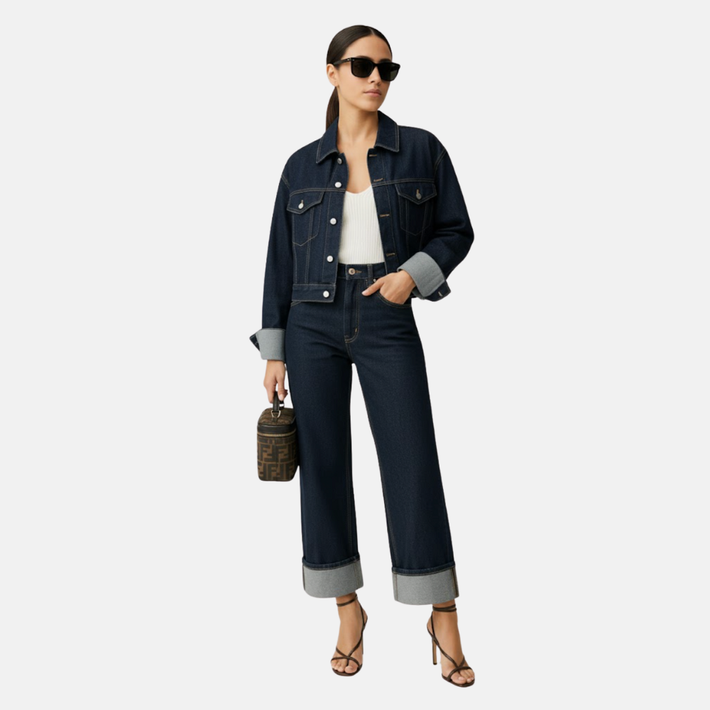 Briss | Damen Denim-Set – Dunkle Weite-Jeans und kurze Jeansjacke